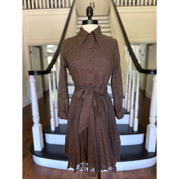 Vintage 60s Brown Voile Pleated Dress Mod Groovy Indie Alternative Punk Festival - Picture 10 of 14